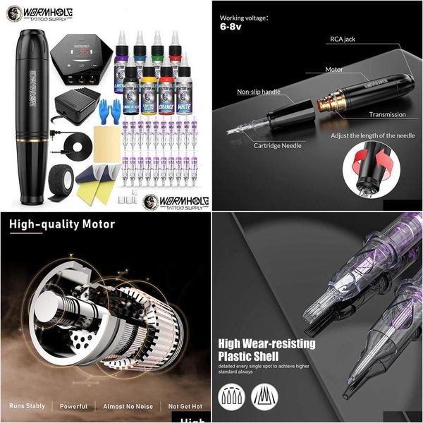 Máquina de tatuagem Hine Wormhole Pen Cartucho Kit Iniciante Tipo Rotativo Suprimentos Completos 231204 Drop Delivery Saúde Beleza Tatuagens Corpo Dhdjs