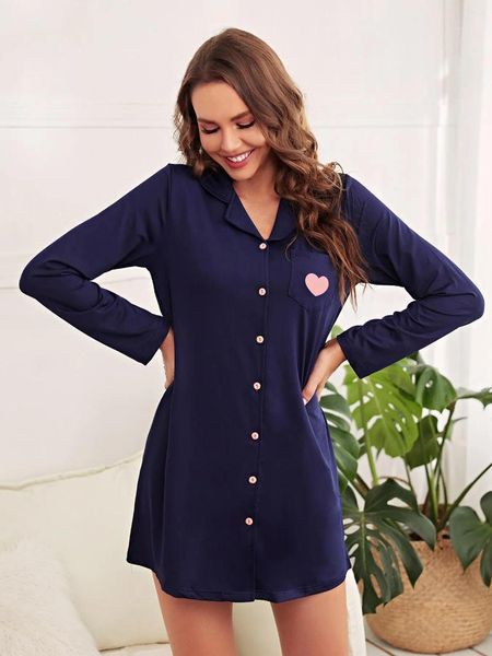 Pijamas femininos vestido de pijama coração impressão botão frontal para baixo marinho gola entalhada camisola de manga longa roupa de noite homewaer terno