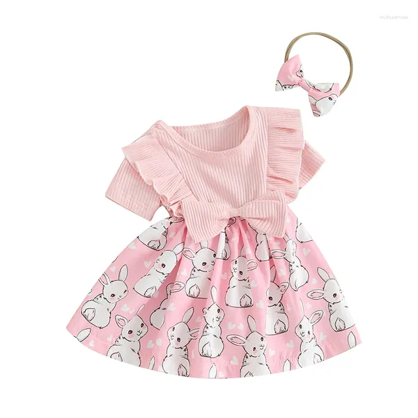 Abiti da ragazza Baby Set da 2 pezzi Girocollo Manica corta Stampa Pagliaccetto Abito Fascia con fiocco 3D Abiti pasquali per neonati