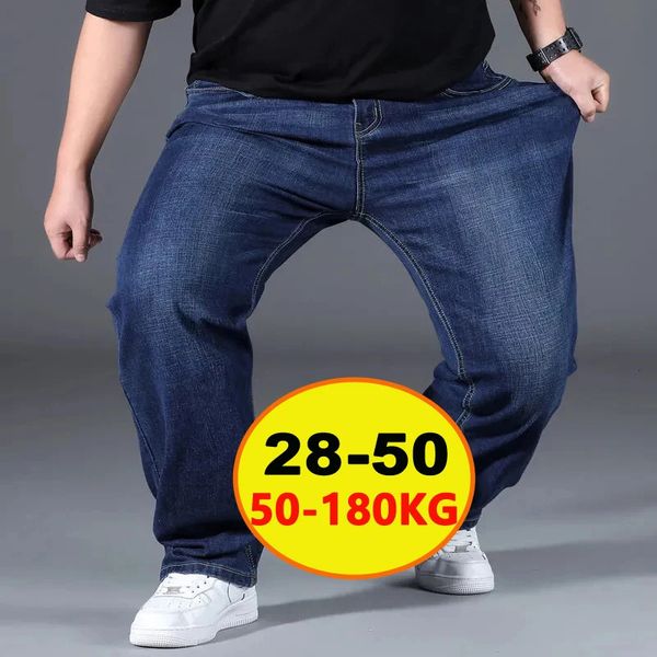 Große Herren-Baggy-Jeans in Übergröße, elastisches Band, 10XL, Übergröße, hohe Taille, lockere Hose, Ehemann, fette, lockere schwarze männliche Denim-Hose 240131