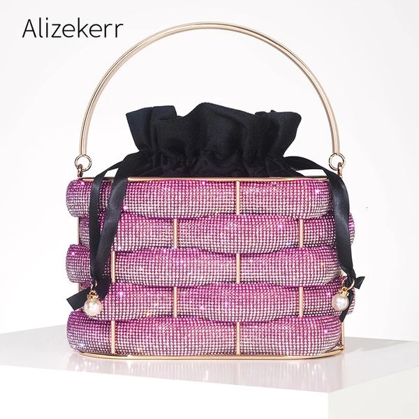 Alizekerr tecido strass sacos de embreagem feminina boutique graduado multicolorido cristal oco para fora bolsas de metal e bolsas casamento 240130