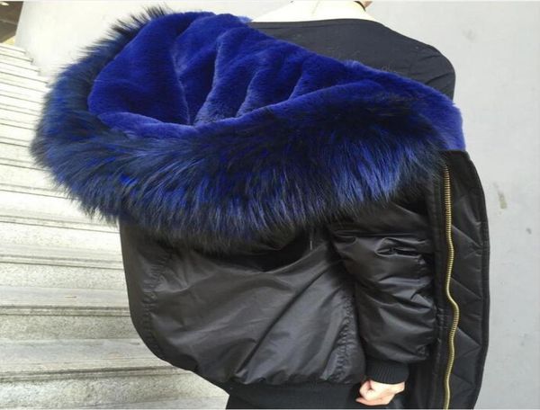 Роскошный мех, синяя отделка из меха енота, толстовка, синяя подкладка из меха кролика рекса, черные нейлоновые куртки-бомберы, женские пальто, зимние куртки2296903