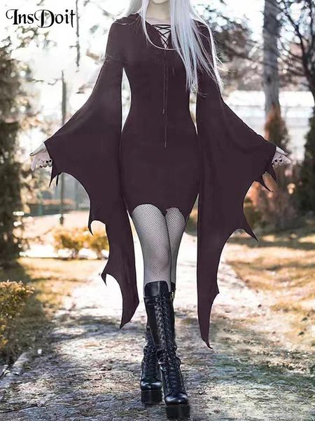 Abiti casual InsDoit Harajuku Goth Mini abito nero Cosplay Punk Streetwear Manica a pipistrello Natale Donna Sexy Scava fuori estetica