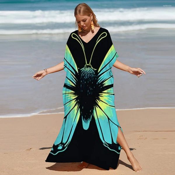 Mulheres Swimwear 2024 Impressão Maxi Vestido Batwing Manga Túnica Primavera Outono Praia Casual Plus Size Mulheres Beachwear Kaftan Cover-ups