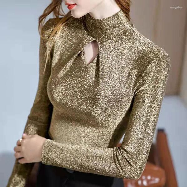 Женские блузки, золотая ажурная блузка, модная облегающая водолазка, нижняя женская элегантная рубашка с длинным рукавом, топы для женщин
