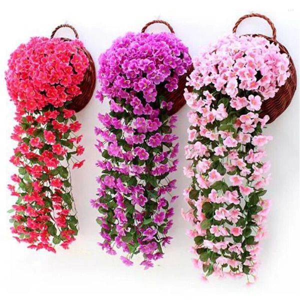 Flores decorativas interior ao ar livre decoração de casa simulação guirlanda parede pendurado planta rattan jardim seda violeta flor artificial