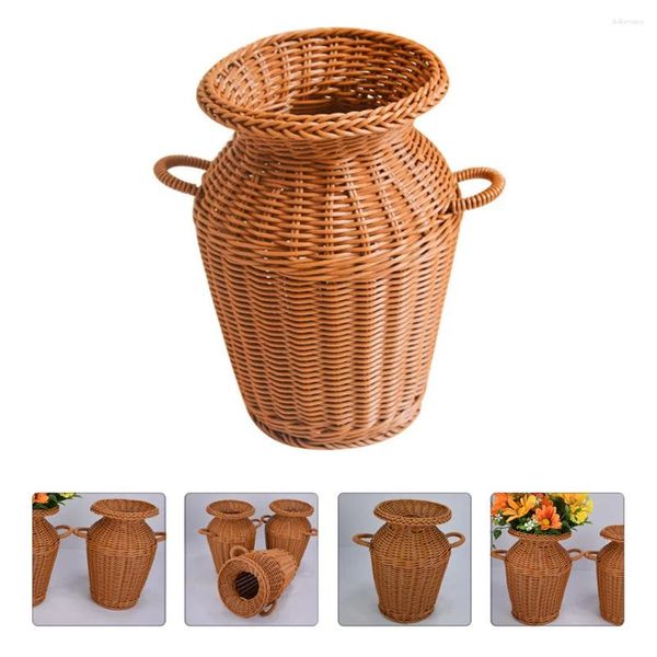 Vasos imitação rattan vaso criativo cesta de armazenamento de flores decoração de casa tecido pote recipiente arranjo titular planta flores artificiais