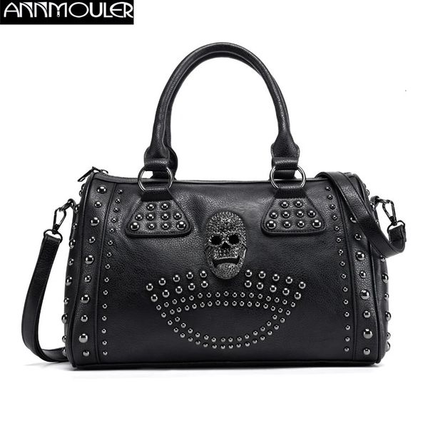 Annmouler Damentasche Trend große Kapazität Boston-Tasche schwarze Totenkopf-Handtasche Luxus-PU-Leder-Einkaufstasche Nieten-Umhängetasche 240131