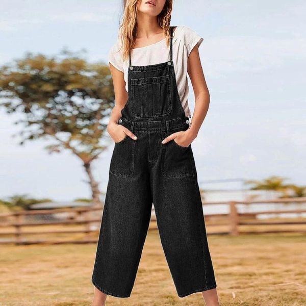 Calças de brim femininas soltas macacão jeans babador ajustável alça fina calças capri perna larga macacão moda coreana calças vintage