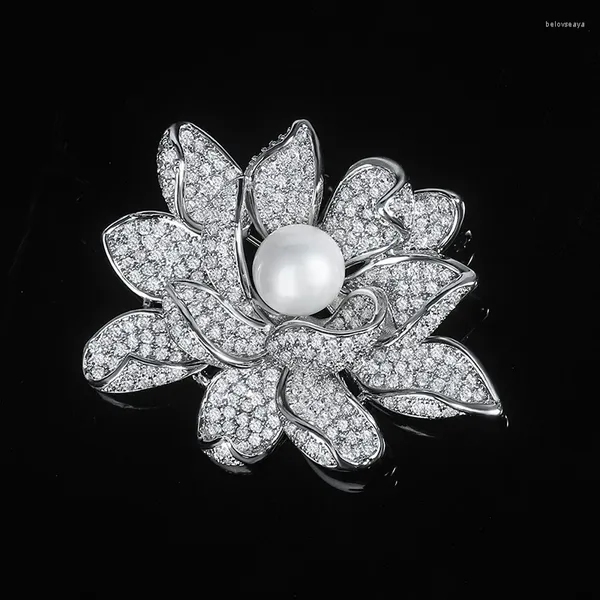 Brooches Jade Angel Round Imitation Pearl Flower Brooch Pin For Women Vintage White Gold Plated Brass CZ  Pins Clothing