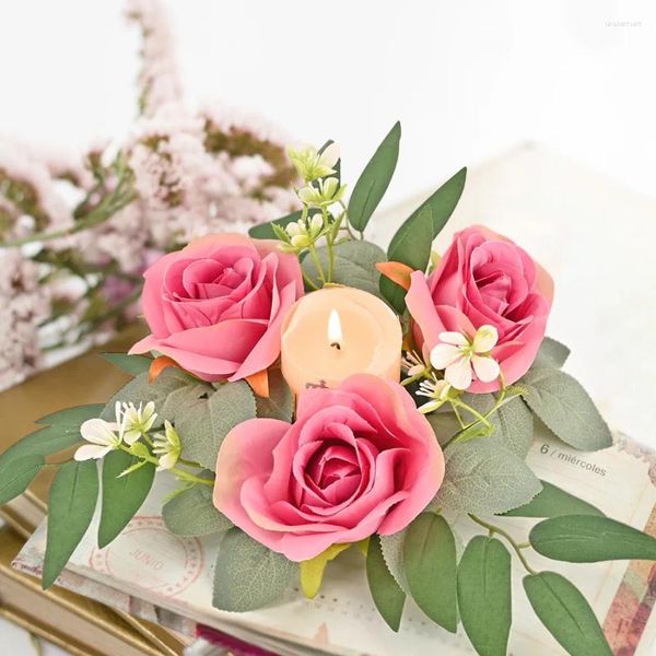 Fiori decorativi Decorazione di San Valentino Mini Candela Anello Ghirlanda 4 pezzi Porta rose artificiali Piccola finestra Prop Centrotavola Ornamento