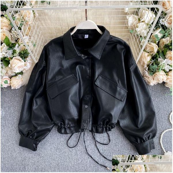 Jaquetas femininas estilo streetwear estilo mulheres solto couro curto casaco mulher único breasted bolso motocicleta jaqueta feminina 20 dhbyg