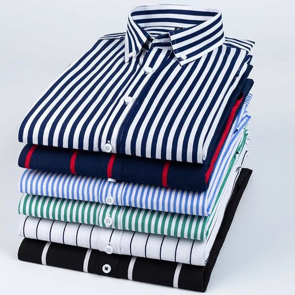 Мужские классические рубашки в полоску с длинным рукавом, весна-осень, элегантная повседневная деловая рубашка без глажки, строгая рубашка синего и белого цвета 240125