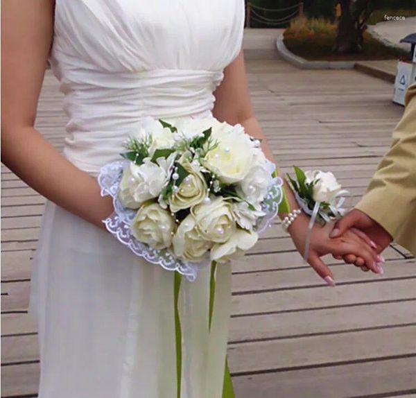 Flores de casamento branco rosa dia dos namorados flor artesanal mulher presentes de festa de noiva acessórios com fita verde pulso da dama de honra