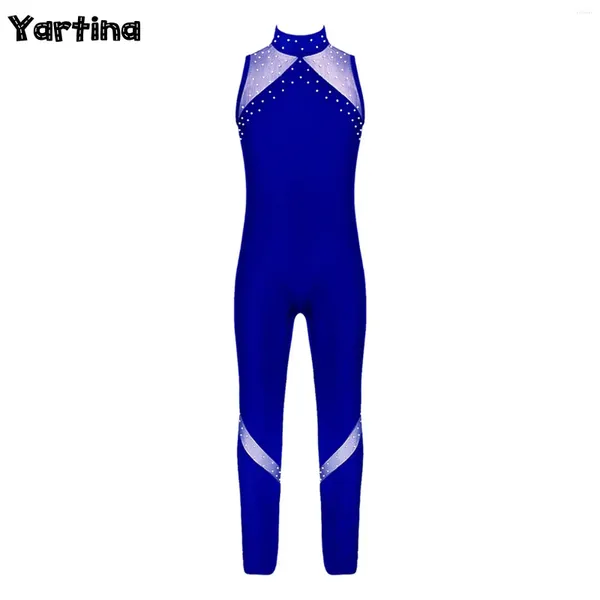 Stage Wear Bambini Ragazze Ginnastica Strass Glitter Balletto Maglia Backless Body Dancewear Diamanti finti Adornata Maglia Lunga Pattinaggio Tuta