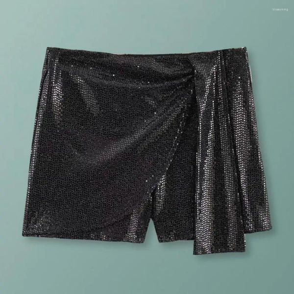 Damen-Shorts, einfarbig, atmungsaktiv, Pailletten, hohe Taille, A-Linie, Mini-Culottes für glänzende, unregelmäßige Shorts