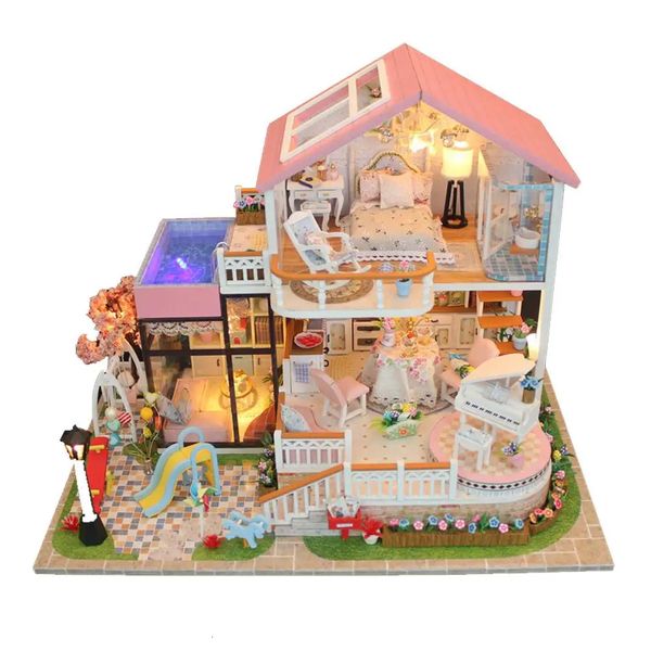 Luz led casa de boneca em miniatura diy casa de bonecas handmad móveis de madeira fingir jogar casa brinquedo para crianças presente aniversário 240202