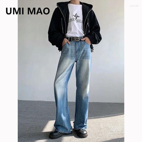 Jeans masculinos umi mao yamamoto calças escuras retro lavado outono alta rua solta perna reta chão varrendo calças largas