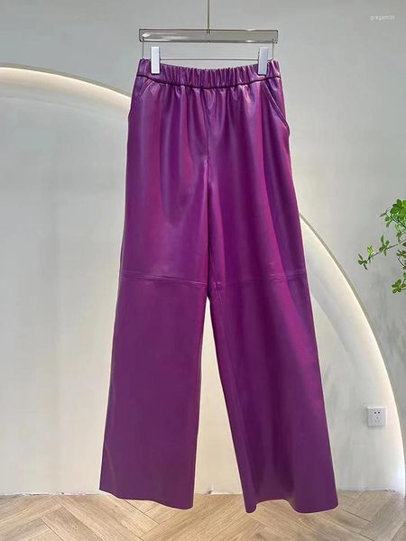 Женские брюки цвета фуксии, кожаные брюки для женщин, весна 2024, натуральная кожа, эластичная талия, широкие брюки, повседневные брюки длиной до пола, Pantalones De Mujer