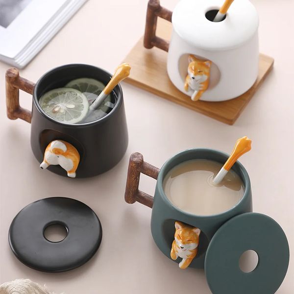 Tazza da caffè in ceramica cartoon da 420 ml Simpatico modello 3D Shiba Inu con coperchio Cucchiaio Regalo preferito dalle ragazze Tè al latte Tazze da colazione creative 240124