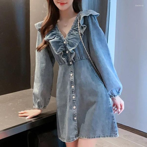 Vestidos casuais moda coreana vintage denim mulheres manga longa plissado doce jeans vestido uma linha mini vestidos