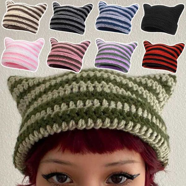 Шапка-бини/кепка Y2K в японском стиле, уличная одежда, шапка-бини в стиле Харадзюку, полосатая вязаная шапка с маленьким дьяволом, женская осенне-зимняя шапка с милыми кошачьими ушками, YQ240207