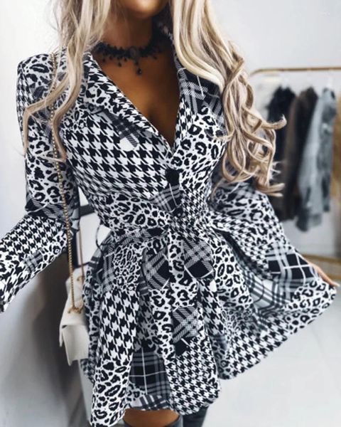 Vestidos casuais mulheres vestido leopardo impressão xadrez turn down colarinho manga cheia rendas até apertado cintura alta slim fit uma linha vestidos