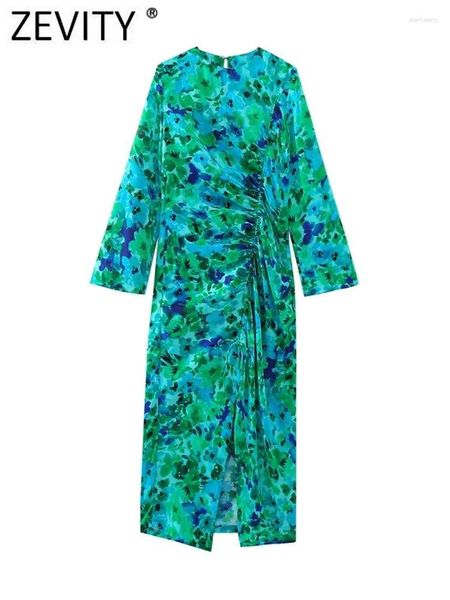 Vestidos casuais Zevity 2024 mulheres elegante tinta floral impressão plissado cordão split midi vestido feminino chique o pescoço volta zíper vestidos ds3415