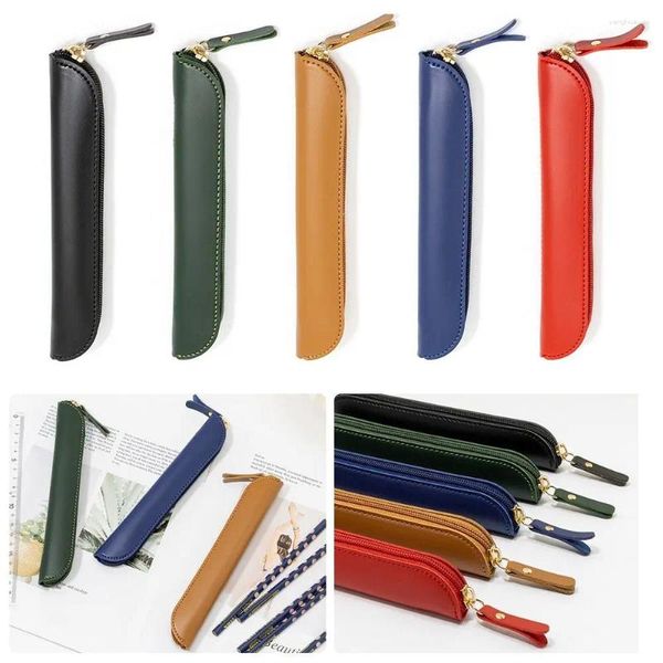 Stifttasche aus Leder, robust, mit gebogenem Reißverschluss, wasserdicht, einfarbig, schützend, für Schule und Büro