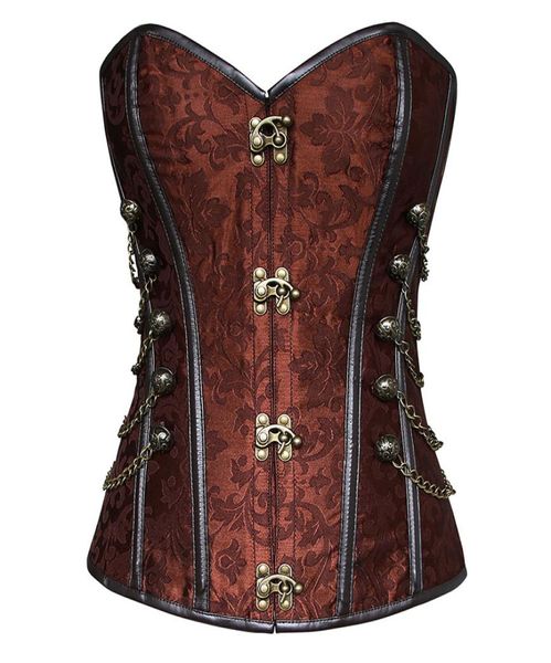 Damen Brokat Steampunk Gothic Punk Kunstleder Stahlstäbchen Korsett mit Kette Plus Size Taillentrainingskorsetts S-6XL1258313