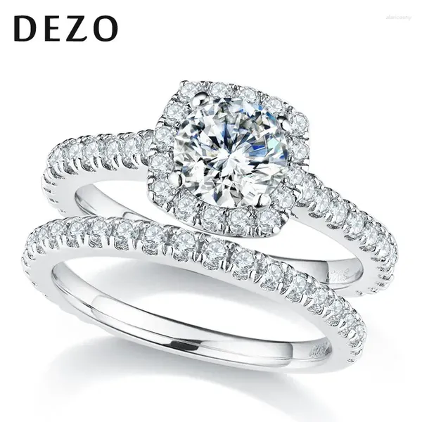 Кольца кластера DEZO, общий объем 2,18 карата, свадебный комплект с муассанитом для женщин, цвет VVS D, круглая огранка, однотонное серебро 925 пробы, созданный в лаборатории бриллиант, обручальное кольцо