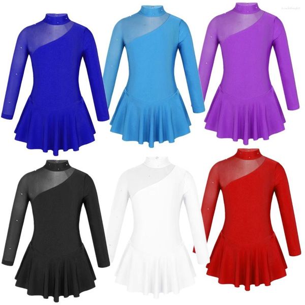 Stage Wear Crianças Meninas Mangas Compridas Ginástica Leotard Mock Neck Recortes Voltar Figura Patinação no Gelo Ballet Ballroom Dance Dress