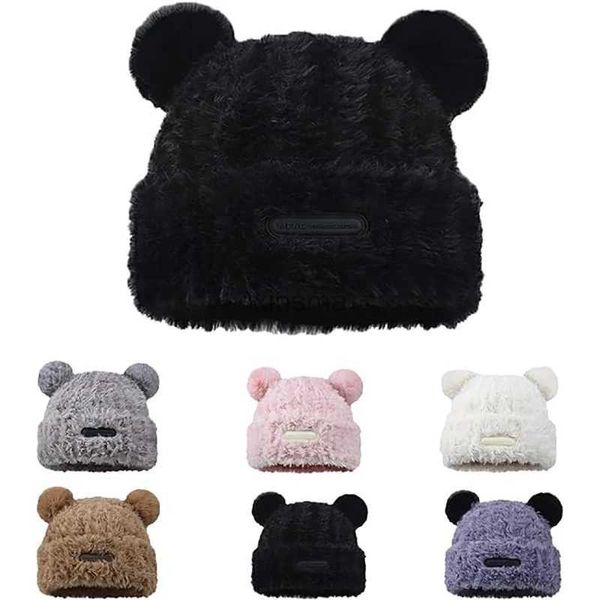 Gorro/bonés de caveira bonito felpudo urso orelha gorro para mulheres pele-amigável pelúcia quente chapéu de lã inverno pele sintética animal chapéu de malha boné YQ240207