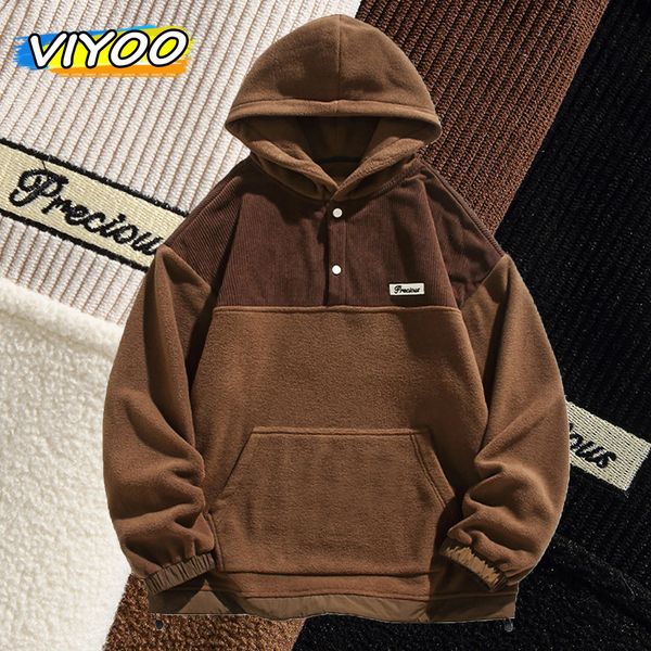 Jaqueta de inverno masculina y2k marrom hoodies casaco com capuz casal retalhos solto moletom sobretudo coreano roupas de outono masculino 240127