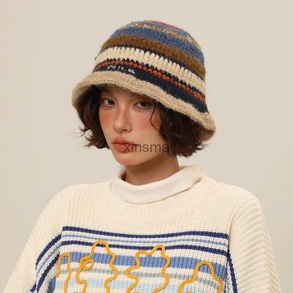 Beanie/Kafatası Kapakları Kış Koreli El Yapımı Tığ işi Kova Şapkası Kadın Retro Kontrast Renk Sıcak Balıkçı Şapka Kız Moda Örme Beanies Hat Yq240207