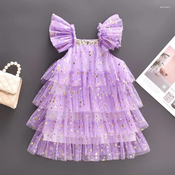 Платья для девочек CitgeeSummer, детское платье принцессы для девочек, вечерние фиолетовые платья с пайетками и рукавами-крылышками, оборками