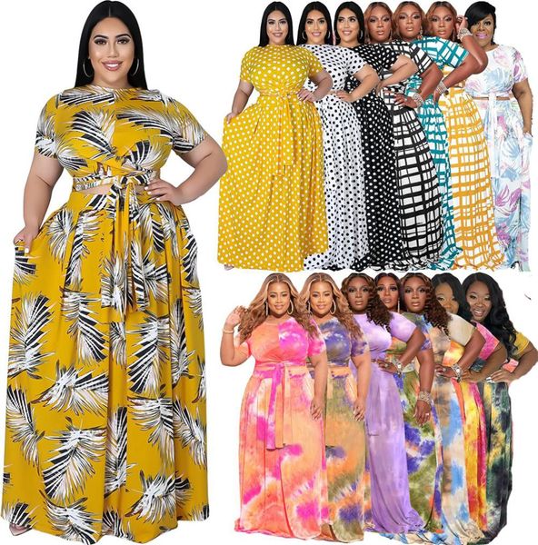 Plus size padrão geométrico conjunto de vestido de duas peças feminino manga curta fino ajuste colheita superior e saia maxi plissada oversize agasalho4474883