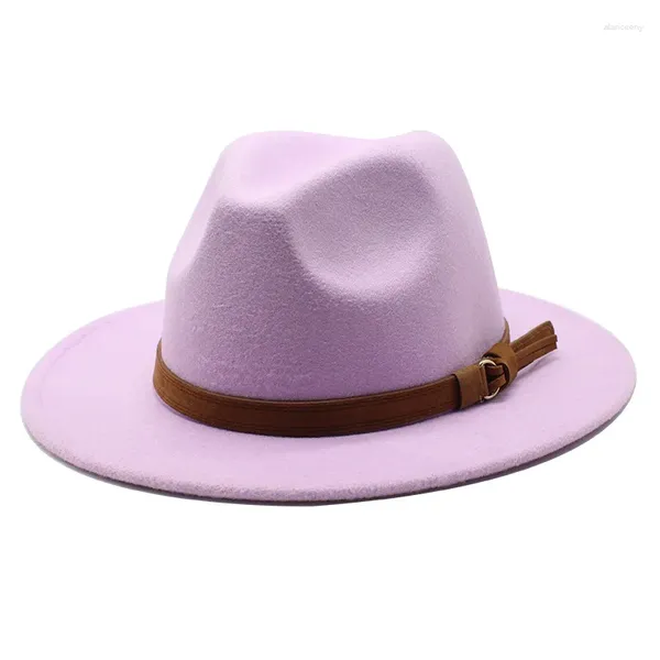 Berets mulheres homens lã fedora chapéu com fita de couro cavalheiro elegante senhora inverno outono aba larga jazz igreja panamá sombrero boné