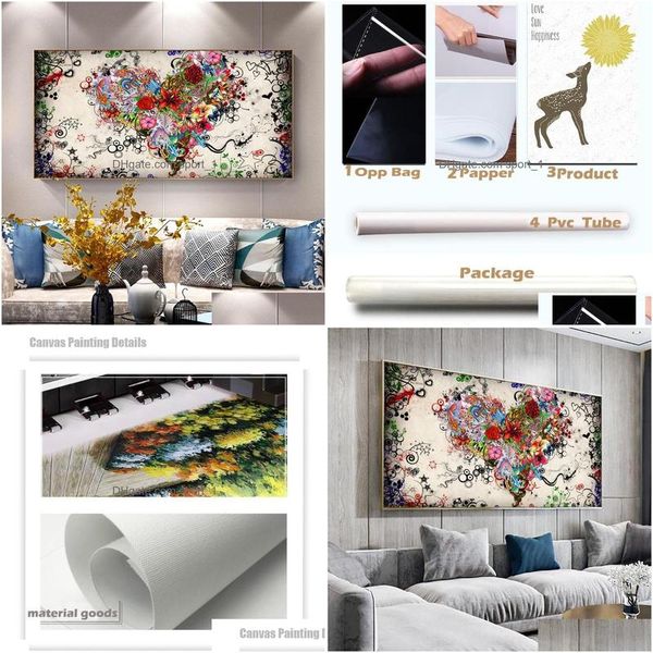 Gemälde DDHH Wandkunst Bild Leinwanddruck Liebe Malerei abstrakte Farbe Herz Blumen Poster Drucke für Wohnzimmer Home No Drop DHT7K