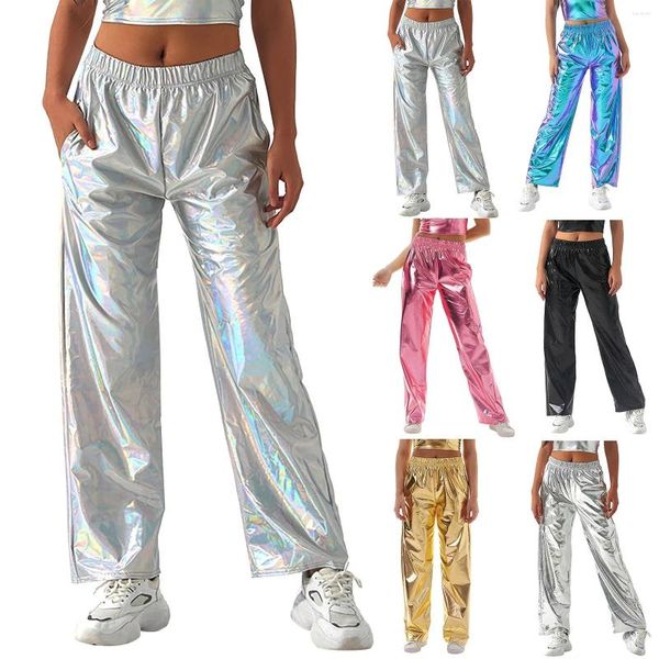 Calças femininas metálicas brilhantes calças elásticas cintura solta casual longo jogging bottoms cera mulheres baggy couro