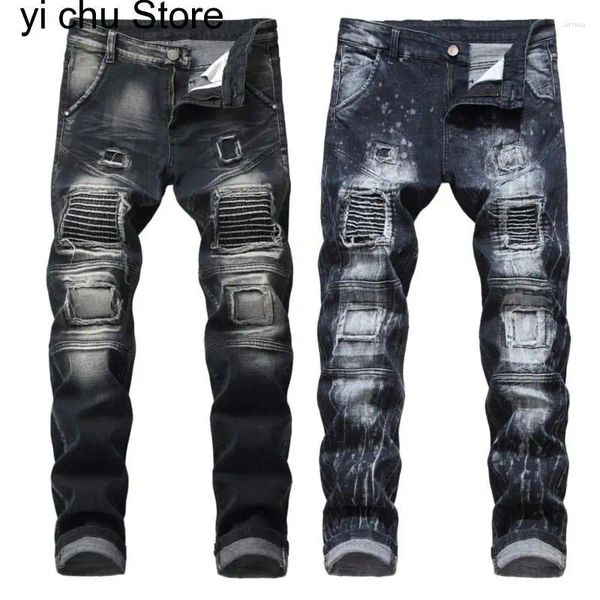 Calças de brim masculinas estilo bordado rasgado denim calças design hip hop jovens homens na moda em linha reta magro grande tamanho patch estiramento