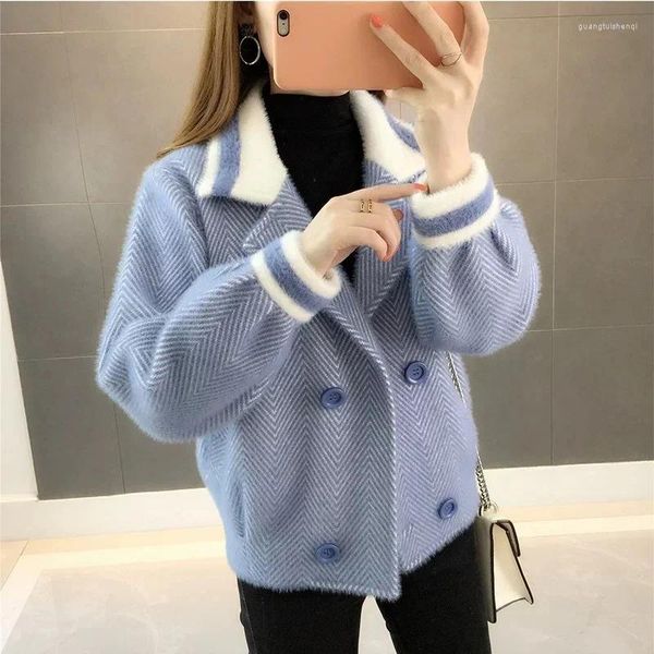 Kadınlar trençkotları kısa bölüm güzel balıksırtı yün ceketler moda çift göğüslü bahar dişi örgü vizon ceket sweater