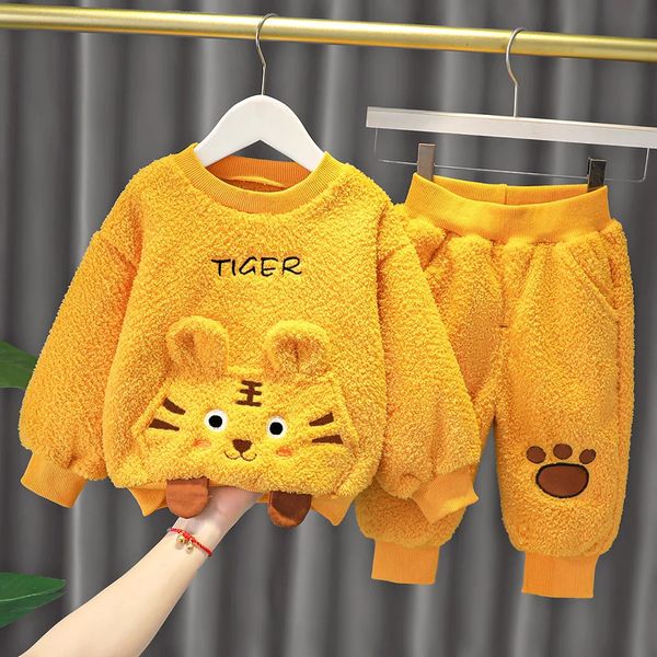 Set di abbigliamento invernale per bambini per neonate Ragazze Autunno Cartoon Tiger Giacca Cappotto Pantaloni 2 pezzi Set per bambini Peluche caldo Abbigliamento per bambini 240202