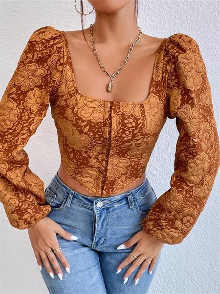 Camicette da donna 2024 Autunno Manica a sbuffo Vintage Top e donne Lungo collo quadrato Fibbie Corsetto Crop Floreale Camicie eleganti