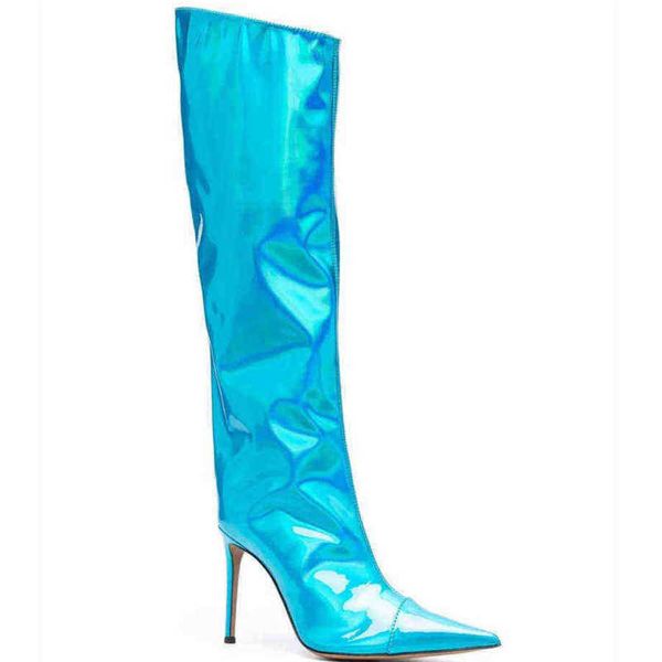 Frauen Stiefel Neue Stil Laufsteg Herbst Winter High Heel Spitze Ende Magische Farbe Patent Leder Knie Länge Große Stiefel 07091011