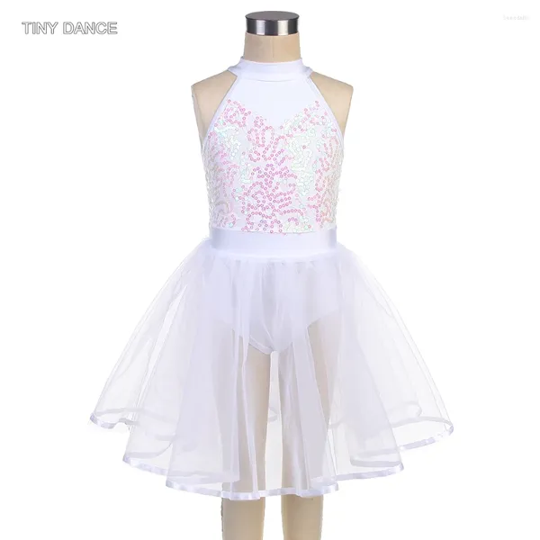 Abbigliamento da palco Scollo all'americana Tutù di danza classica Body vestito da ragazza Costumi da ballerina Corpetto bianco in spandex con paillettes con gonne in tulle gonfio