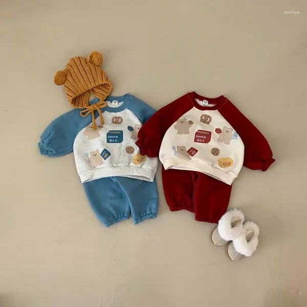 Kleidung Sets 2024 Winter Plüsch Kinder Koreanische Nette Bär Druck Samt Top Hosen Zwei Stück Set Für Mädchen Jungen