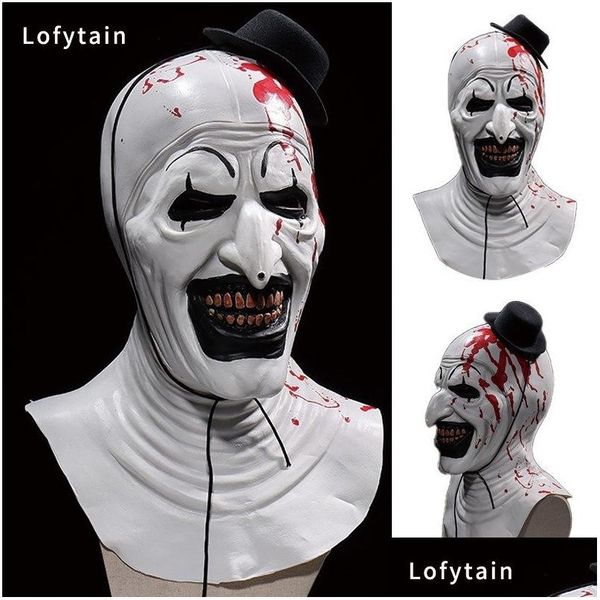 Маски для вечеринок Lofytain Horror Terrifier Art Маска клоуна Косплей Py Кровавый демон Злой Джокер Шляпа Латексный шлем Хэллоуин Реквизит Drop De Otf3V