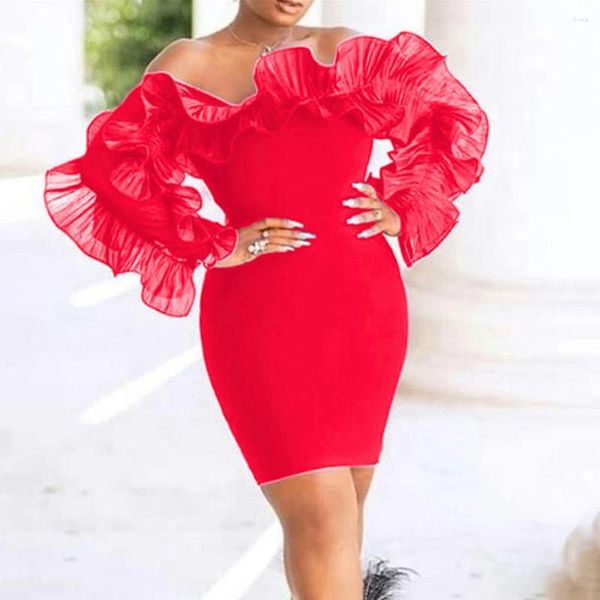 Vestidos casuais sexy vermelho para mulheres fora do ombro manga cheia bainha pacote quadris na altura do joelho elegante festa de aniversário jantar vestidos