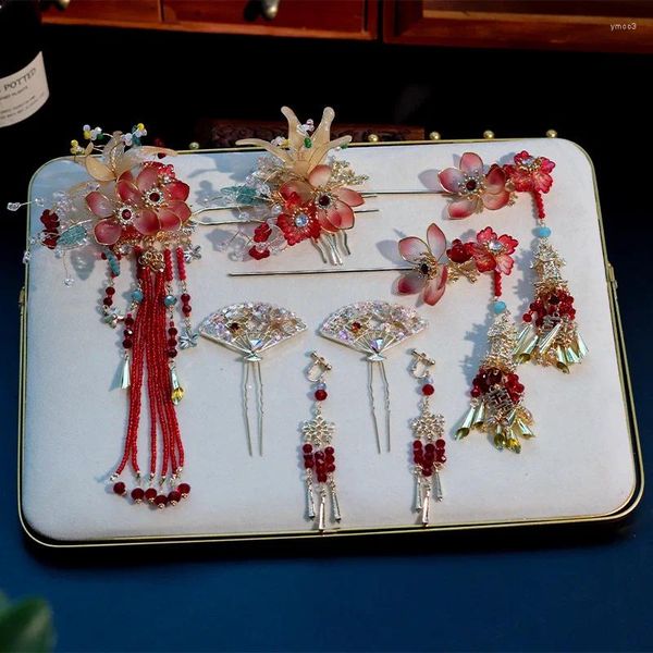 Haarspangen Chinesische rote Blume Quaste Haarnadel Ohrclip Set Braut Kopfschmuck Kleid Cheongsam Hochzeit Zubehör